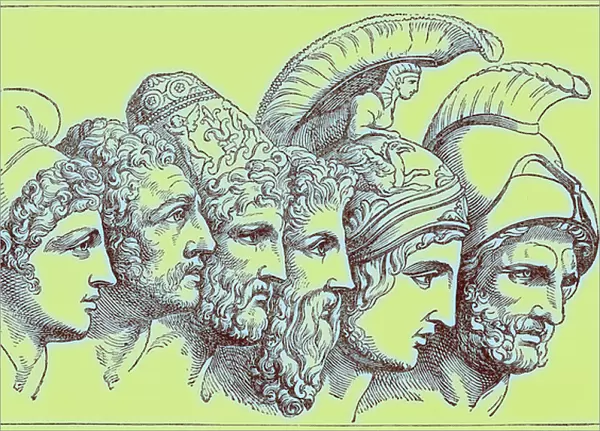 The Heroes of the Trojan War: Paris, Diomedes, Odysseus, Nestor, Achilles, Agamemnon, illustration from The Illustrated History of the World, published c. 1880 (digitally enhanced image)