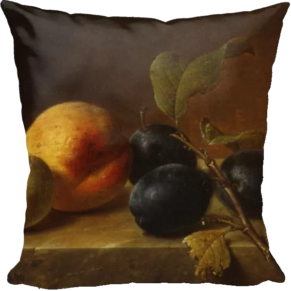 A Peach and Plums on a Marble Ledge, 1860 (oil on panel)