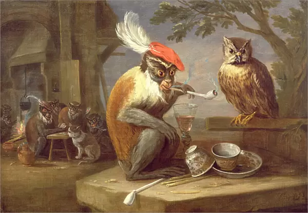 A monkey smoking and drinking with an owl