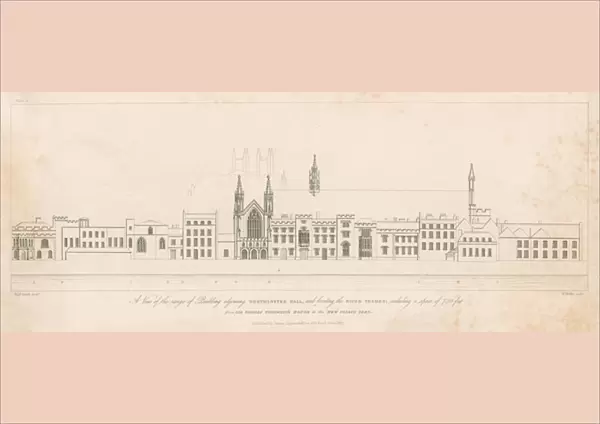 A view of the range of building adjoining Westminster Hall and fronting the River Thames (engraving)