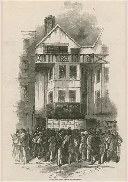 Rush for the daily newspaper at the office of the Daily Telegraph (engraving)
