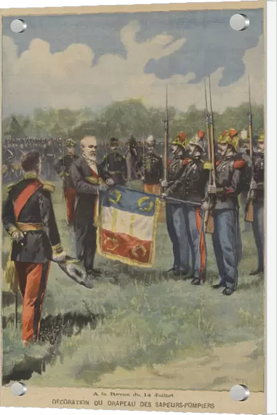 The President of France with the flag of the fire brigade at the Bastille Day parade (colour litho)
