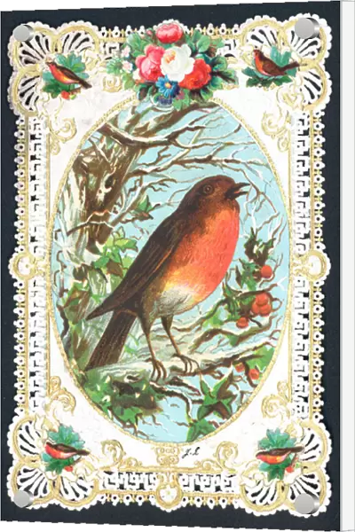 Singing Robin on Branch, Christmas Card (chromolitho)
