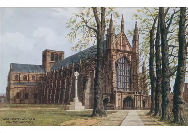 Winchester Cathedral, from the North West (colour litho)