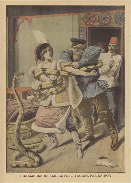 A female snake charmer attacked by a boa constrictor in Alexandria (colour litho)