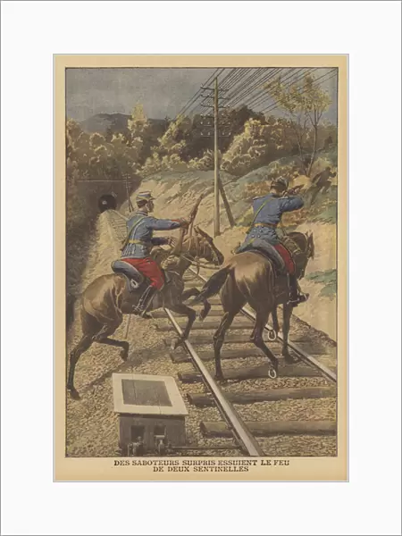 Two sentries shooting at would-be saboteurs on the French railways (colour litho)