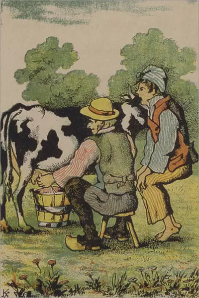 Milking a cow (colour litho)