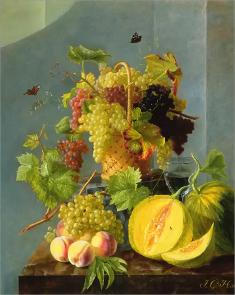 Still Life with Basket of Grapes & Melons, 1815 (oil on copper)