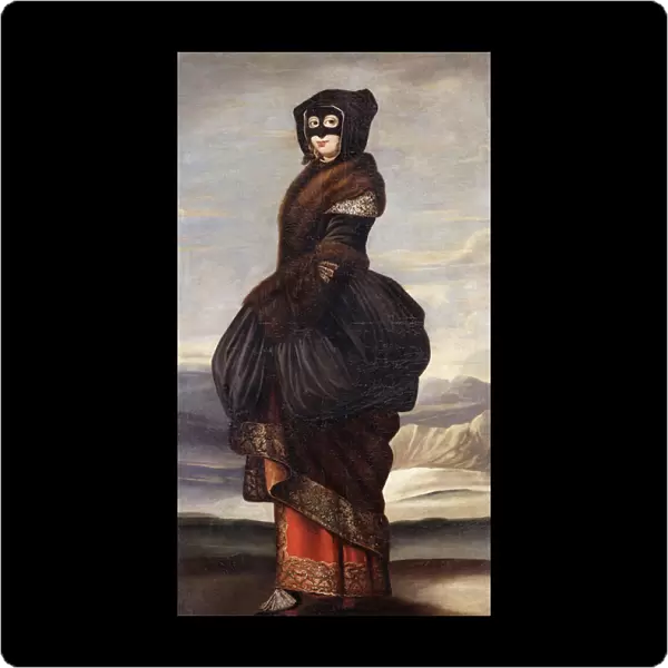 Winter: A Lady, full-length, in Exotic Costume, wearing a Mask, in a Landscape
