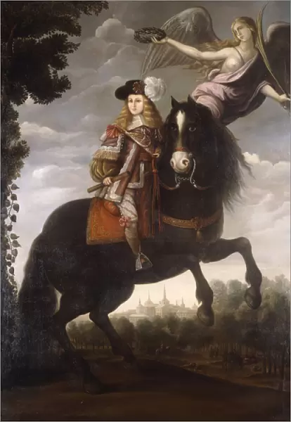 An Equestrian Portrait of King Charles II, full length, in a Red Coat with White Trim