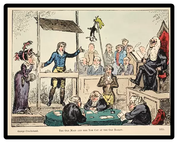 The Old Maid and her Tom Cat at the Old Bailey, pub. 1815 (hand coloured engraving)