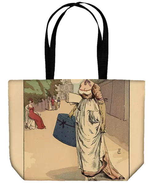 strolling in the Tuileries, below the river terrace, 1802. She wears a bonnet with ribbons, dress and apron, and carries a hat box and bolts of fabric. Handcoloured lithograph by R. V