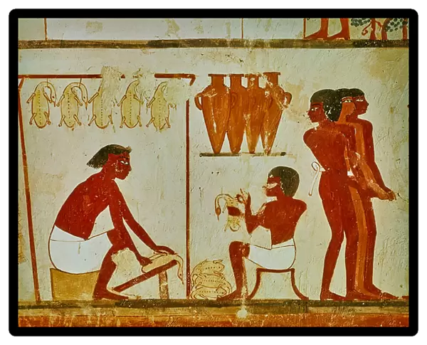 Meat processing of the birds, detail from the tomb of Nakht, c. 1390 BC (wall painting)