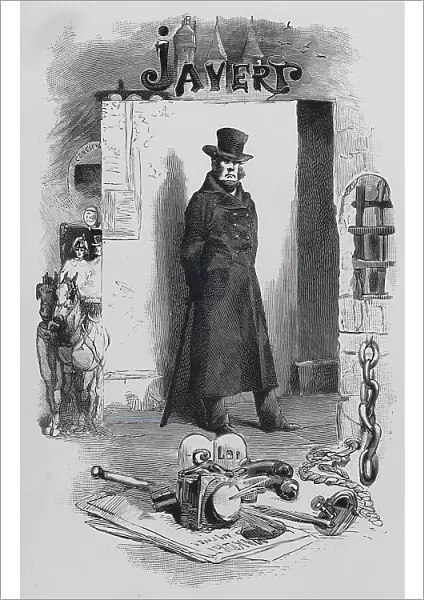 Scene from Les Miserables, by Victor Hugo: Javert, the detective (engraving)
