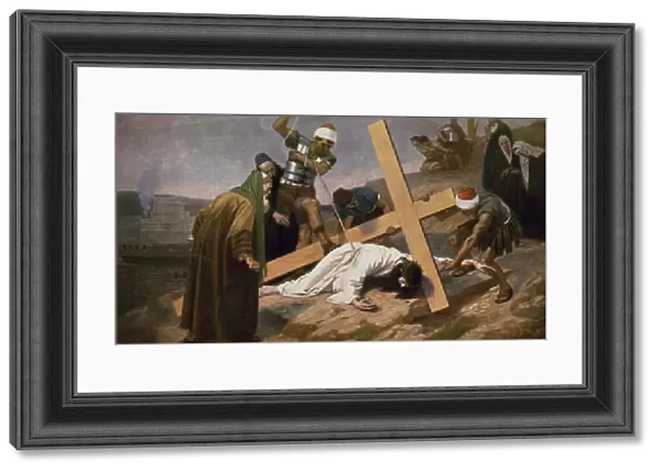 Jesus falls for the third time while carrying his Cross (colour litho)