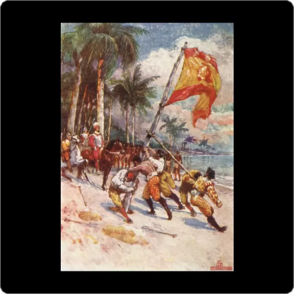 Hoisting the Spanish Flag, the First Flag in Florida (colour litho)