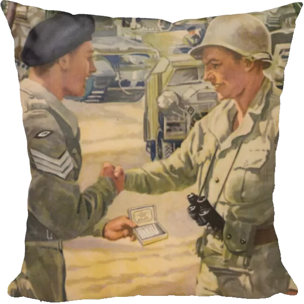 British army sergeant offering his American counterpart a cigarette as the allies meet up during the North African campaign, World War II, 1942-1943 (colour litho)