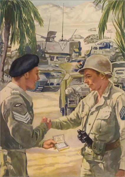 British army sergeant offering his American counterpart a cigarette as the allies meet up during the North African campaign, World War II, 1942-1943 (colour litho)