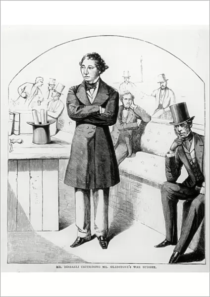 Mr Disraeli Criticising Mr Gladstones War Budget c. 1853-54 (engraving) (b&w photo)
