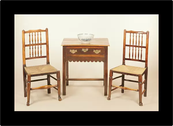 Side table and pair of spindle back chairs, Lancashire (oak)