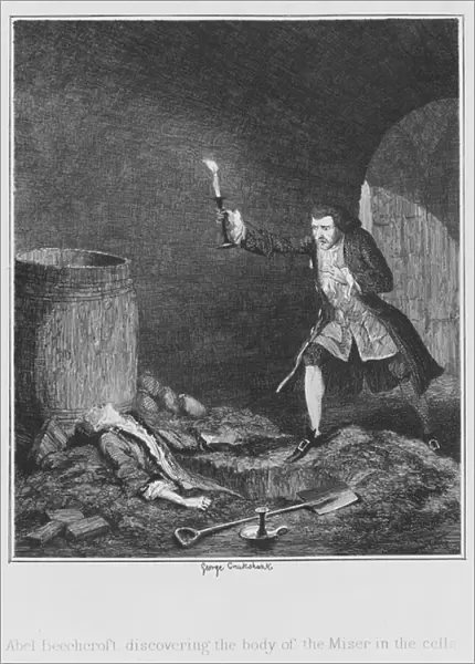 Abel Beechcroft discovering the body of the Miser in the cellar (engraving)