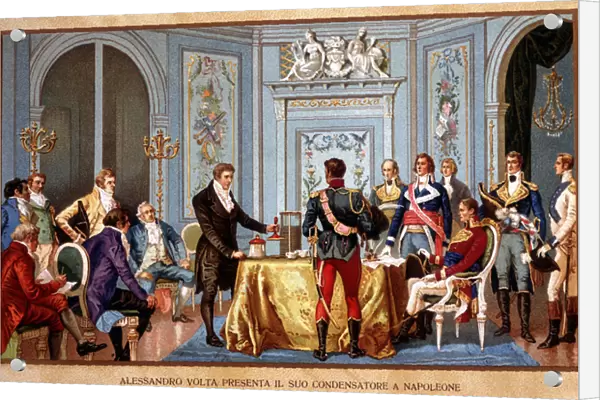 Alessandro (Alexandre) Volta presents his capacitor in Napoleon