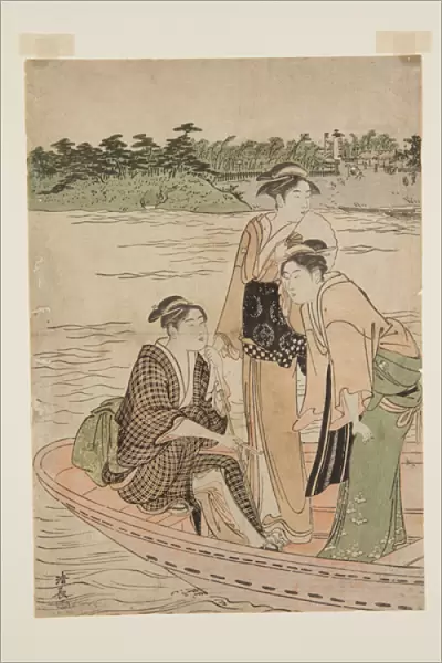 Ferry at Rokug? River (colour woodblock print)