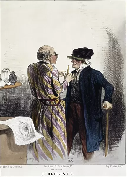 Sick and doctors: the oculist. Cartoon of a doctor during a medical consultation of a