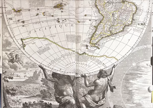 Two men support the earthly gobe, with the map of South America (etching, 1717)