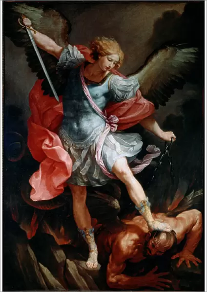 The archangel Saint Michael crush the head of the demon Silk Painting by Guido Reni