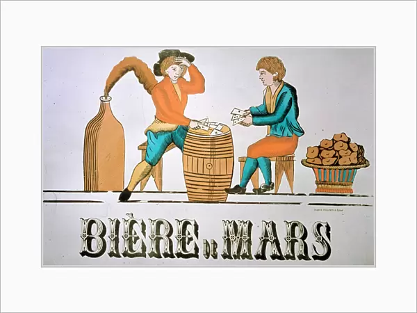 Mars beer two men playing cards on a barrel. Picture of Epinal, 19th century