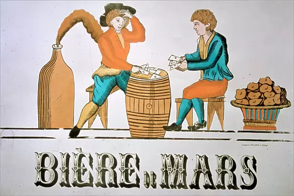 Mars beer two men playing cards on a barrel. Picture of Epinal, 19th century