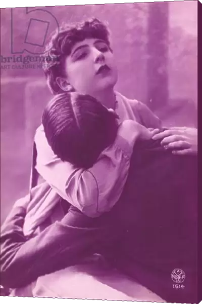 Rose-coloured picture of couple embracing (colour photo)