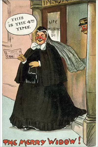 The Merry Widow, receiving her insurance money (colour litho)