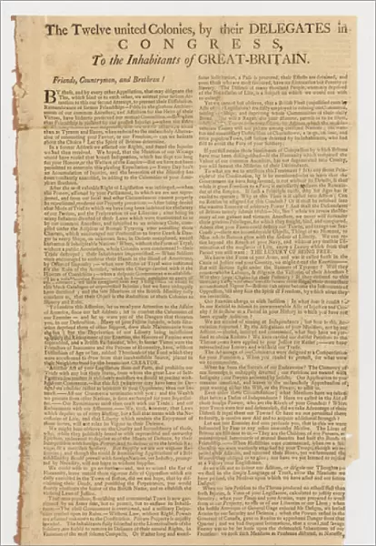Letter of the Twelve United Colonies to the Inhabitants of Great Britain, 1775 (print)