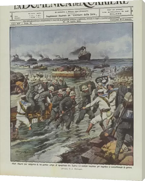 Skilful landing by surprise of a large expedition force between Zuara and the Tunisian border for... (colour litho)
