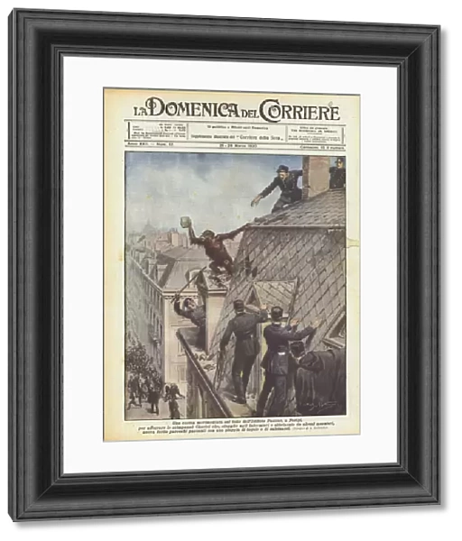 An eventful hunt on the roof of the Pasteur Institute, in Paris, to catch the chimpanze... (colour litho)