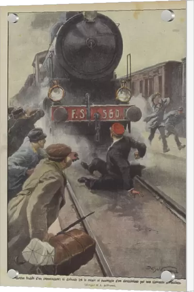 The cold blood of a stationmaster, stretches among the rails at the passage of a very direct... (colour litho)