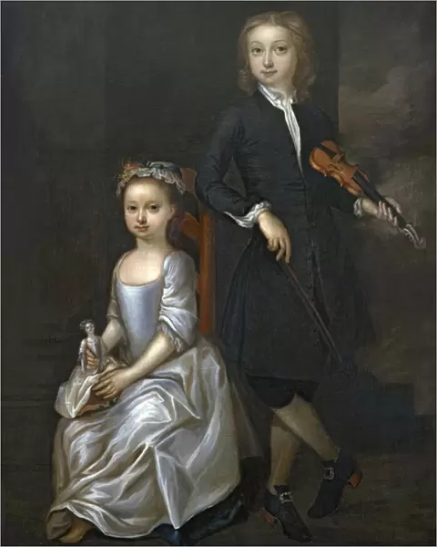 A young boy holding a violin and a young girl holding a doll (oil on canvas)