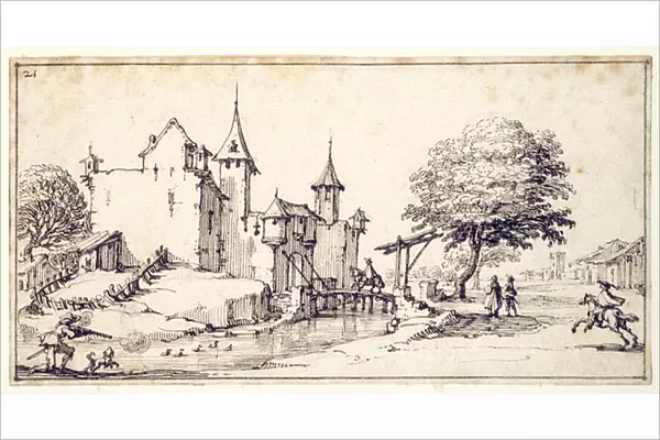 A chateau with drawbridge (pen & brown ink on paper)