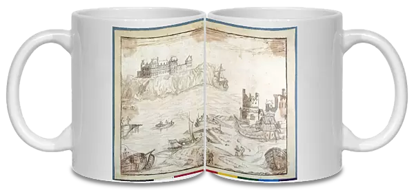A castle surmounting cliffs, with studies of galleons and fishing boats