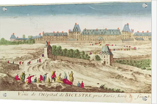 The Bicetre Asylum in Paris, 1710 (coloured engraving)
