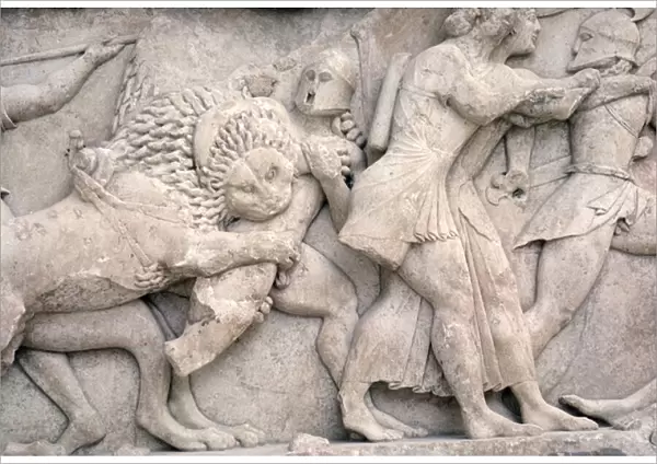 Fighting outside Troy, frieze from the Siphnian Treasury, c. 525 BC (marble)