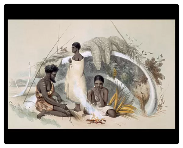 Natives of Encounter Bay, making cord for fishing nets in a hut formed from the ribs of a