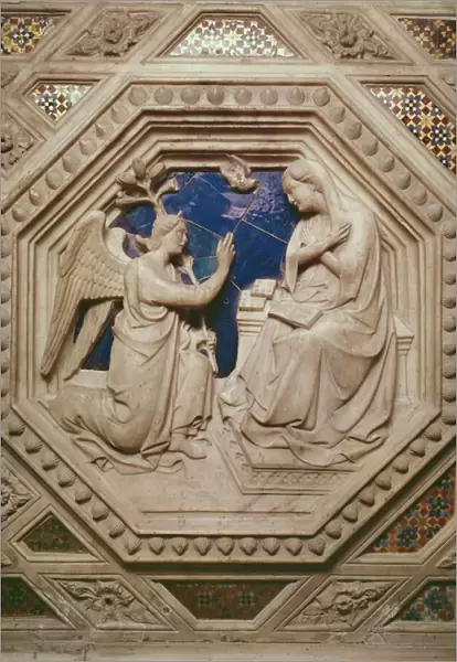 The Annunciation, detail from the base of the Tabernacle, 1349-59 (marble)