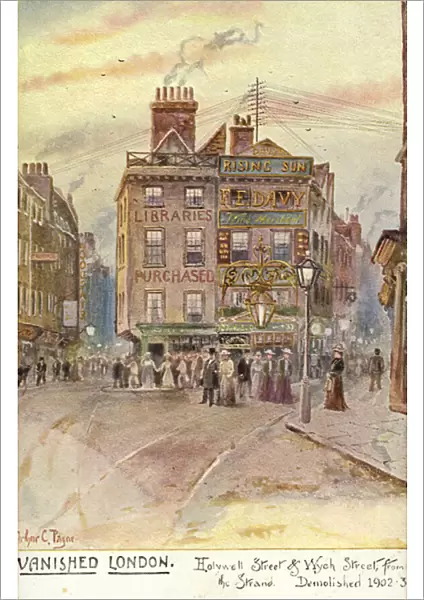 Vanished London - Holywell Street and Wych Street, from the Strand (colour litho)