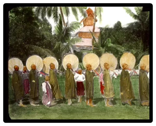 Procession of monks with fans, c. 1880s (photo)