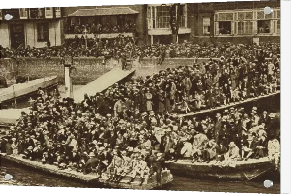 Spectators watching the Boat Race from barges on the Thames (b  /  w photo)