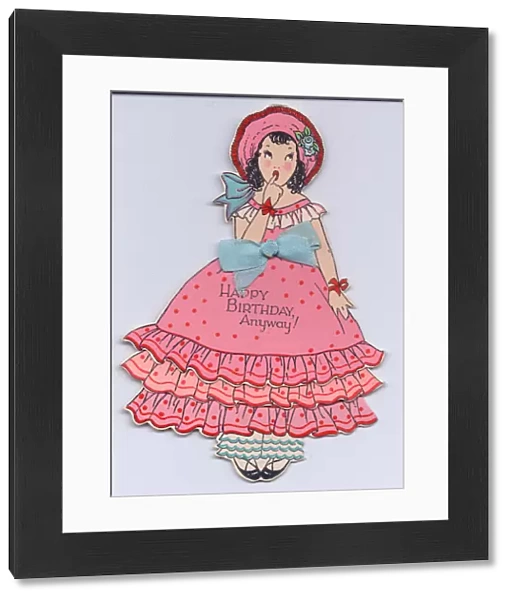 A die-cut Birthday Card in the shape of a girl in a frilly dress with an apologic