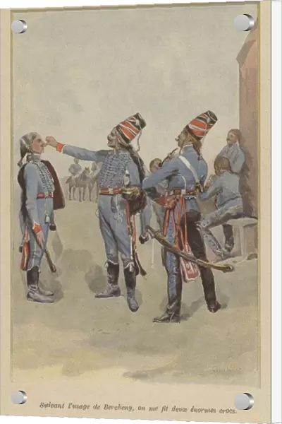 Soldiers of the French 1st Hussars, the Bercheny Regiment (colour litho)